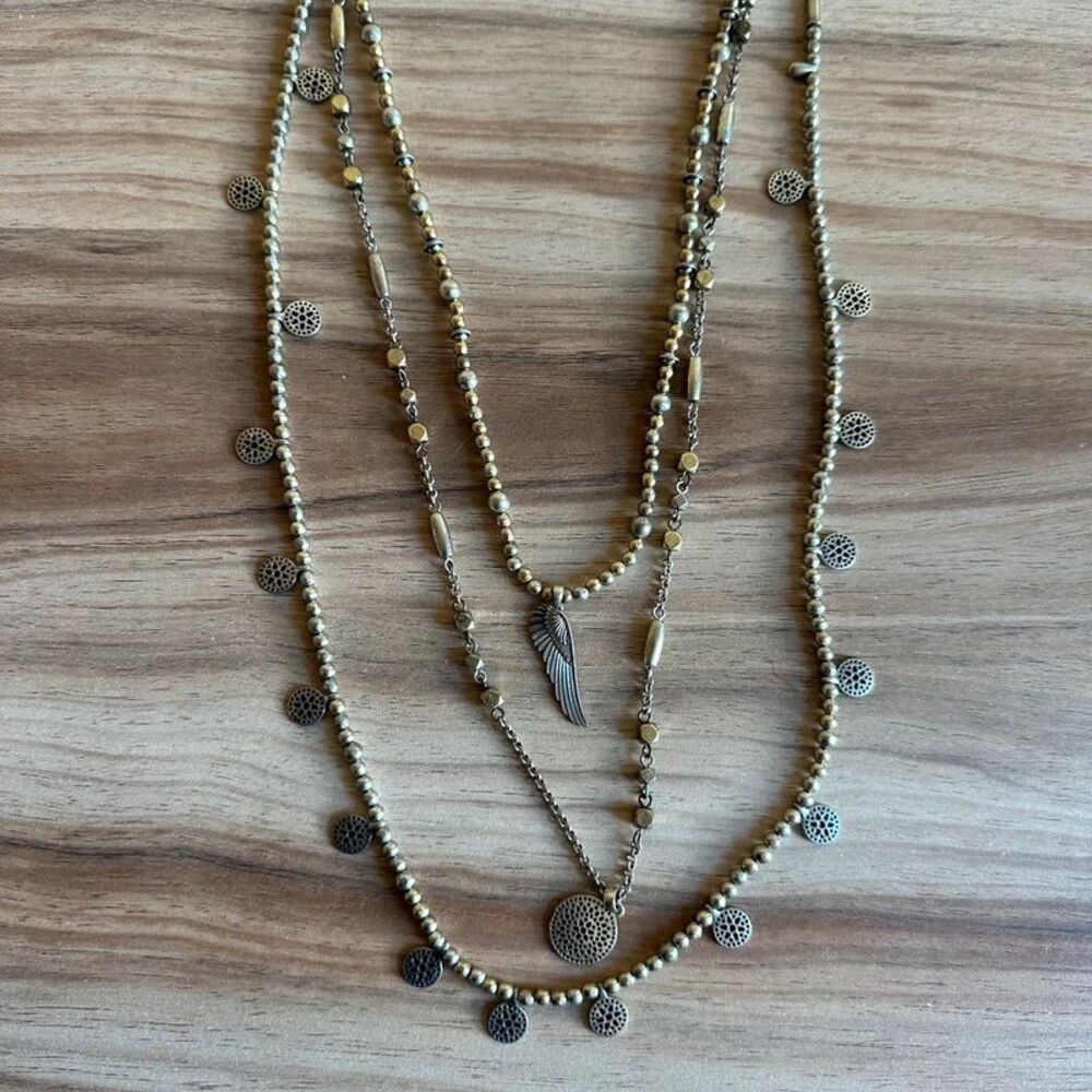 Lucky Brand Multi Strand Necklace Wing Disc Charms Tribal Boho Aztec Mexican